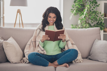 Poster - Full size photo of young afro woman happy positive smile sit sofa comfort cozy blanket read book literature novel home