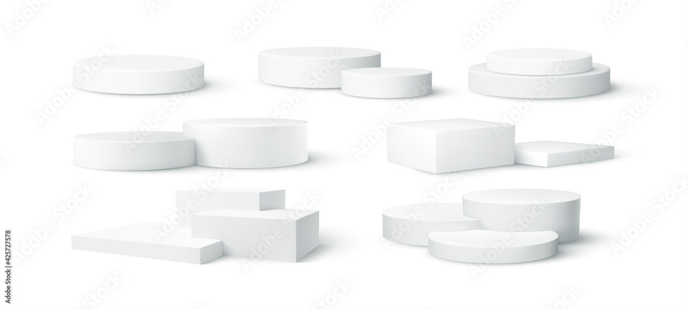 Set of realistic white blank product podium scene isolated on white background. Vector illustration - obrazy, fototapety, plakaty 