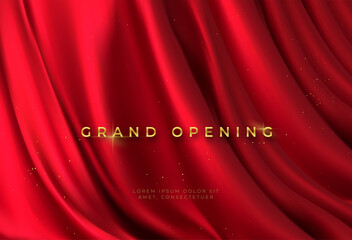 Wall Mural - Red curtain and golden lettering Grand Opening 3d realistic background. Elegant celebration event design. Vector illustration