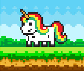 Poster - Rainbow unicorn pixel art in nature landscape background, fairytale character horse in meadow