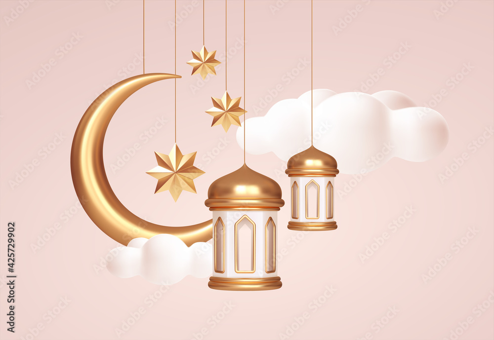 Eid Mubarak 3d realistic symbols of arab islamic holidays. Crescent moon, stars, lanterns. Vector illustration - obrazy, fototapety, plakaty 