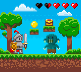 Poster - Pixel 8 bit retro game. Brave knight in iron suit fighting against monster. Zombie attacks human