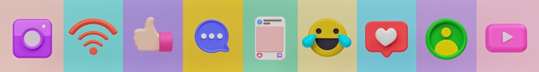 Poster - social media related icons set. minimal trendy colorful banner for website. 3d rendering