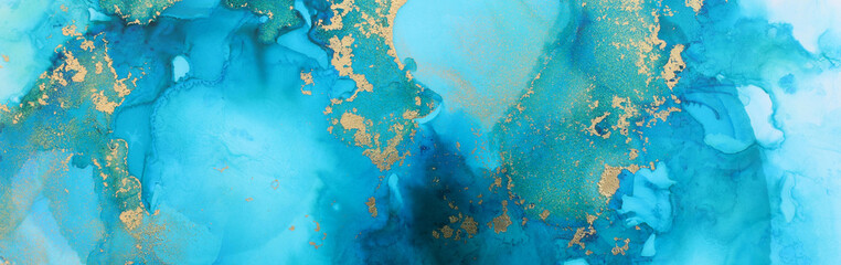 art photography of abstract fluid painting with alcohol ink, blue and gold colors