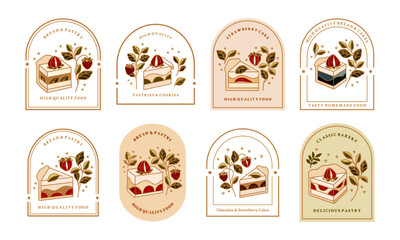 Collection of Vintage Cake Logo and Food Label with Strawberry, Frame, and Floral Elements