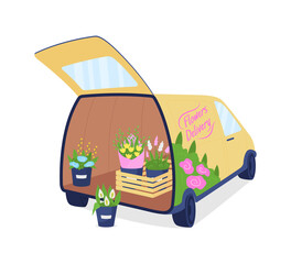 Poster - Flower delivery auto with opened trunk flat color vector object. Floral arrangements in vases. Bouquets in truck, courier service isolated cartoon illustration for web graphic design and animation