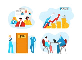 Wall Mural - People search for job set, vector illustration. Business employee candidate concept, hr work recruitment interview. Hiring person, employment