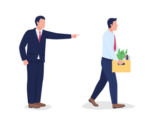 Poster - Boss firing employee flat color vector faceless characters. Unemployment problem. Professional manager dismissed by employer isolated cartoon illustration for web graphic design and animation