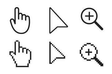 Leinwandbilder - Black and white arrow, hand and magnifier mouse cursor icons vector illustration set flat style design isolated on white background.