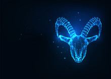 Futuristic Glowing Low Polygonal Goat, Mouflon Protrait, Capricorn Isolated On Dark Blue