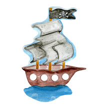Hand Drawn Pirate Ship In The Sea. Watercolor Illustration.