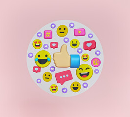 Poster - abstract social media background. emoji, heart like, and chat icons. 3d rendering