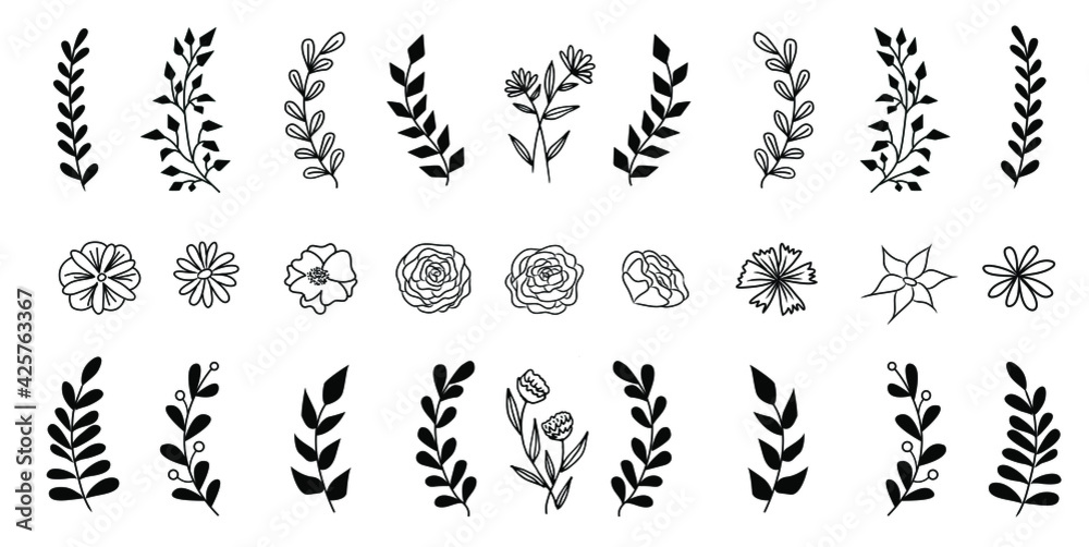 Set of vector vintage floral elements. Cute set of doodle frames and borders. Elements flowers, branches, swashes and flourishes	 - obrazy, fototapety, plakaty 