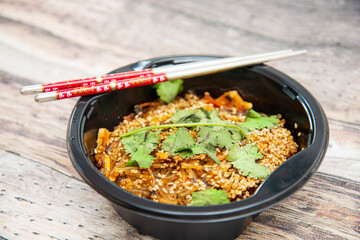 Wall Mural - Korean Japchae recipe with chicken, Sweet potato vermicelli, vegetables