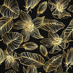 Wall Mural - Black-golden seamless floral pattern. Golden decorative flowers.