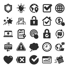 Aufkleber - Report, Time and Globe icons. Statistics, Speech bubble and Light bulb signs. Credit card, Download report and Lock icons. Gift delivery, Check and Protection Shield. Flat icon set. Vector