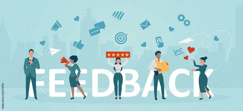 Vector of people giving feedback to a business services - obrazy, fototapety, plakaty 