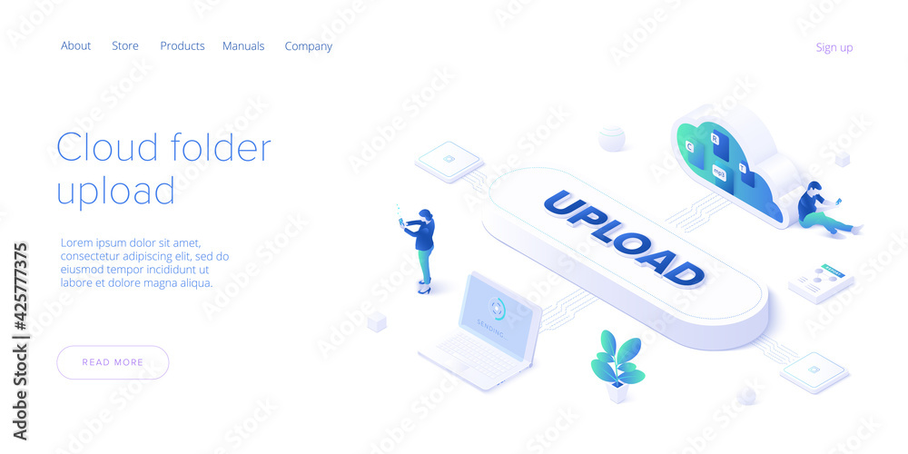 Young woman using cloud folder service in isometric vector illustration. Girl uploading documents in digital storage. Data transfering application. Web banner template. - obrazy, fototapety, plakaty 