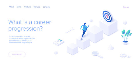 Career growth with young woman running to goal flag. Success or successful job development with businesswoman. Isometric vector illustration. Web banner layout template.
