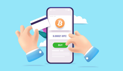 Aufkleber - Buying Bitcoin online - Vector 3d illustration of hands purchasing crypto currency on mobile phone with credit card.