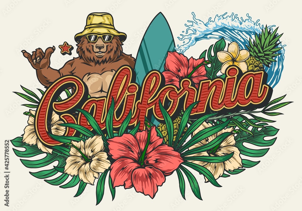 California surfing vintage colorful emblem - obrazy, fototapety, plakaty 