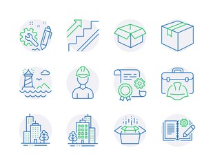 Poster - Industrial icons set. Included icon as Packing boxes, Construction document, Buildings signs. Engineering, Lighthouse, Skyscraper buildings symbols. Parcel, Stairs, Opened box. Foreman. Vector