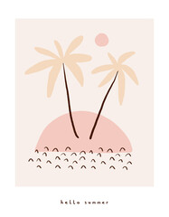 Wall Mural - hello summer. funny hand drawn tropical party vector illustration with palms, clouds and sun isolate