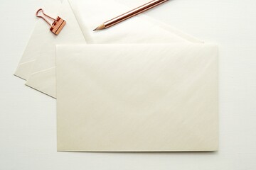 Sticker - Blank envelope mockup, champagne color wedding envelope and golden pencil for return address label, logo, design presentation.