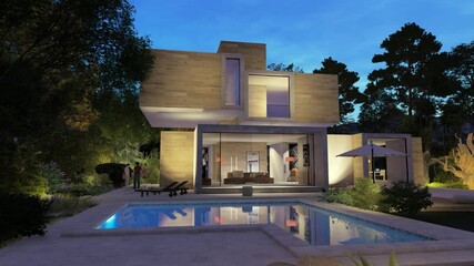 Wall Mural - Contemporary original cubic home  with pool and garden in the evening