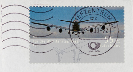 Briefmarke stamp gestempelt used frankiert cancel vintage retro alt old 55 flugzeug plane a360 airbus fliegen flying transport frankiert stempel