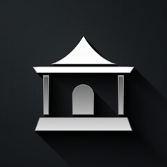 Sticker - Silver Traditional chinese house icon isolated on black background. Long shadow style. Vector