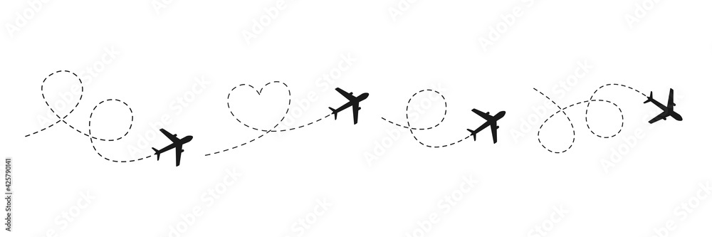 Airplane line path icon. Vector illustration of air plane flight route with line trace isolated on white background - obrazy, fototapety, plakaty 