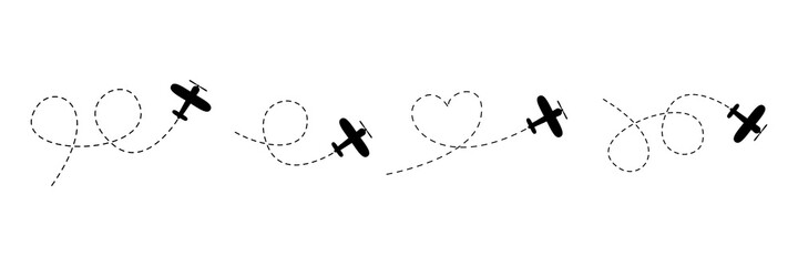 Poster - Airplane line path icon. Vector illustration of air plane flight route with line trace isolated on white background