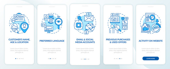 Smart content analytics components blue onboarding mobile app page screen with concepts. SEO walkthrough 5 steps graphic instructions. UI, UX, GUI vector template with linear color illustrations