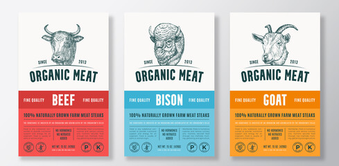 Wall Mural - organic meat abstract vector packaging design or label templates set. farm grown steaks banner. mode