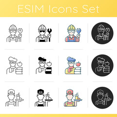 Sticker - Social classification icons set. Blue collar worker. Intelligentsia, educated person. Writer, author. Working poor. Linear, black and RGB color styles. Isolated vector illustrations