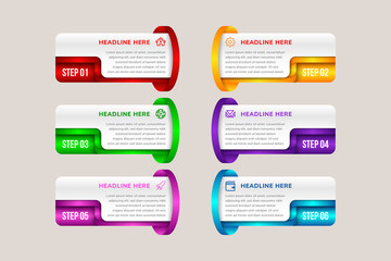 Poster - six separate multicolored rectangular elements with numbers, thin line icons and place for text. con