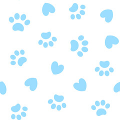 Wall Mural - Seamless blue pattern background texture backdrop wallpaper with paw prints animals and hearts.