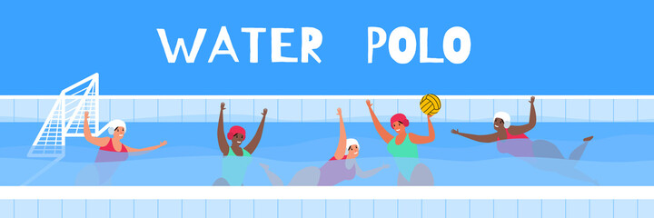 Wall Mural - water polo women team players in swimming pool  championship vector flat  illustration