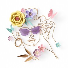 3d Render Of An Abstract Woman Portrait Wearing Sunglasses. Female Face Made Of Golden Wire And Paper Flowers And Leaves, Simple Linear Art Isolated On White Background