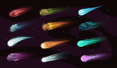 Poster - Galaxy asteroids, comets or meteorites with flaming tails. Burning asteroids, stone and ice comets with glowing, colorful trails flying in outer space. GUI, UI vector design elements