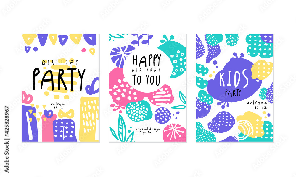 Birthday Party Card Templates Set, Happy Children Holiday Banner, Poster Hand Drawn Vector Illustration - obrazy, fototapety, plakaty 