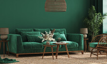 Cozy Green Home Interior With Green Sofa, Table And Decor In Living Room, 3d Render