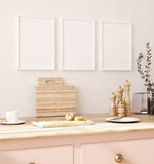 Frame mockup in kitchen interior background, Farmhouse style, 3d render