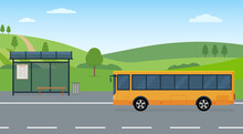 Rural Landscape With Road, Bus Stop And Moving Bus. Concept Of Public Transport. Panoramic View. Flat Style, Vector Illustration.