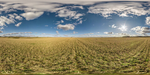Wall Mural - full seamless spherical hdri panorama 360 degrees angle view on among farming fields in summer day with awesome clouds in equirectangular projection, ready for VR AR virtual reality content