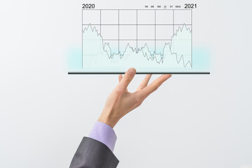 Aufkleber - Businessman's hand holds a stock graph display in a visual screen. It shows signs of falling stocks in 2021 with a chart indicator. Concepts of financial interest rates and mortgage rates.