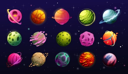 Poster - Space planets, cartoon fantasy alien galaxy. Game, ui or gui interface elements. Fantastic world universe planets, asteroids and halo on orbits, craters, rings and magma on sky with stars, meteors