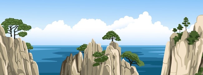 Wall Mural - Chinese rocks with a trees on top. Ocean landscape, seascape with mountains in water and fluffy clouds in blue sky. Vector flat illustration