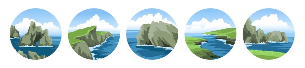 Wall Mural - Cliffs, rocks, coasts, mountains, sea capes. Set of simple round hand-drawn vector illustrations with ocean scenic view